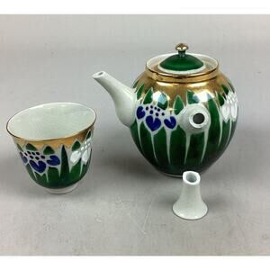 Japanese Kutani Hand Painted Iris With Gold Teapot And Tea Cup Set - Damaged